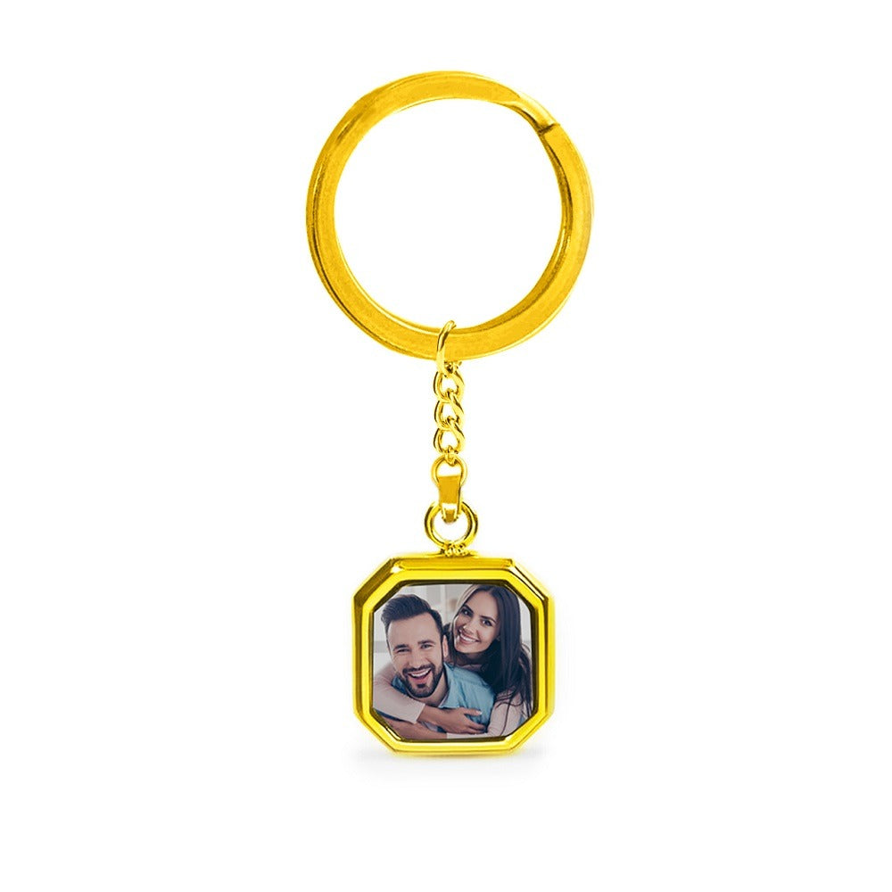 Geometric Mood Photo Keychain presented in its gift box