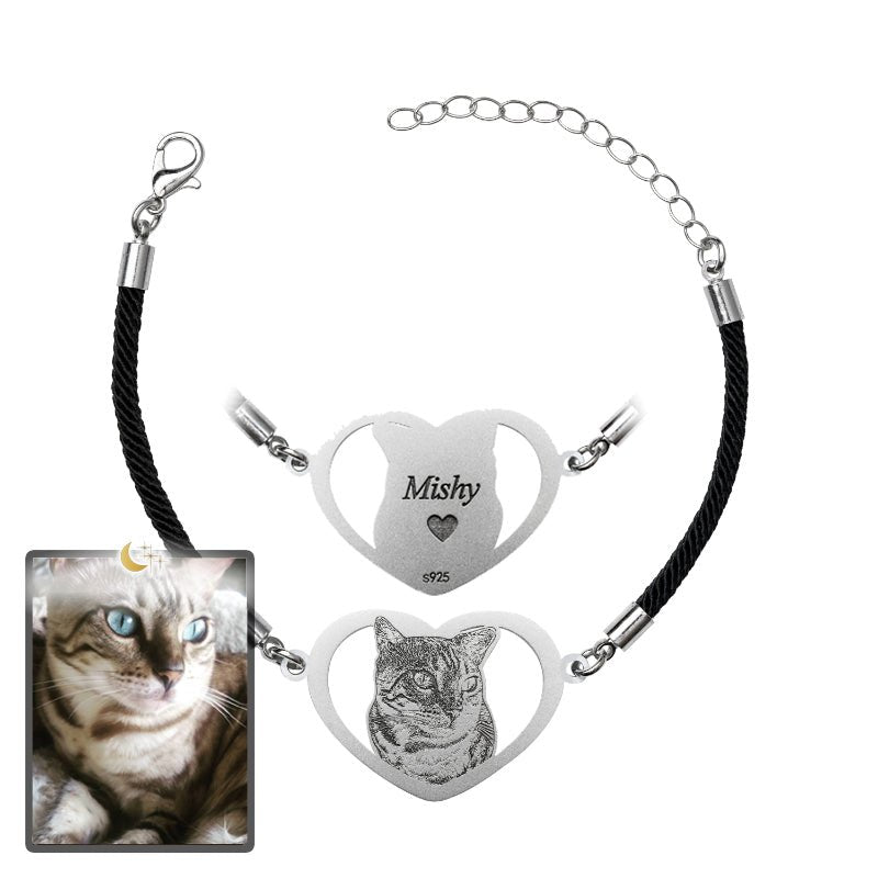 Cat halo heart memorial photo bracelet in 925 sterling silver — rainbow bridge cat mom keepsake
