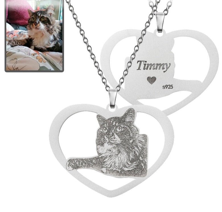 Cat halo heart memorial photo necklace in 925 sterling silver — rainbow bridge cat mom gift