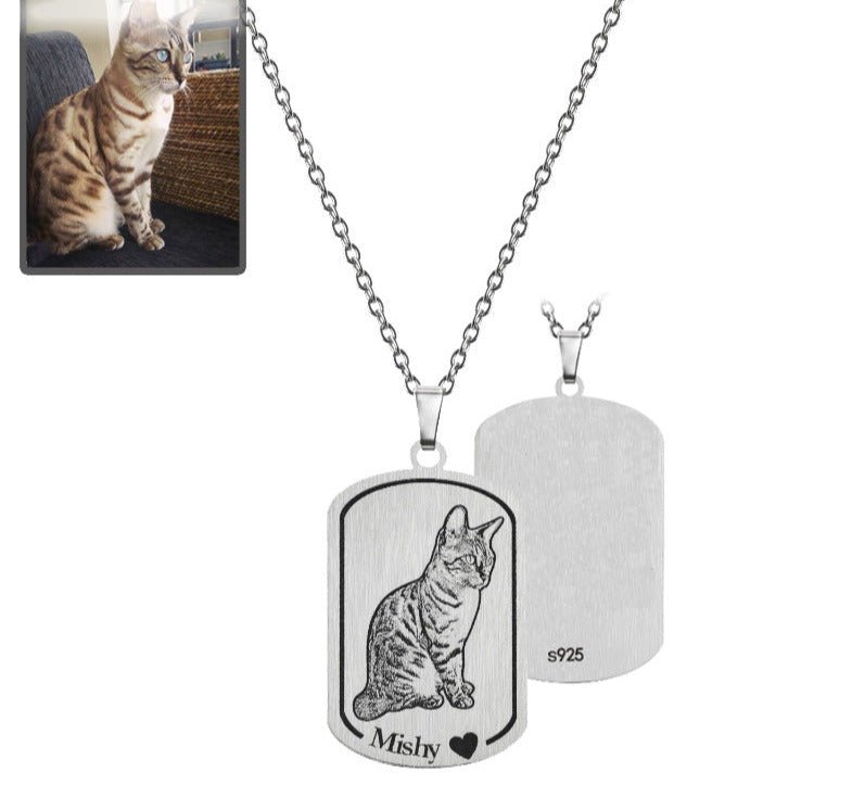 Cat memorial dogtag photo necklace in 925 sterling silver — personalized cat memorial necklace