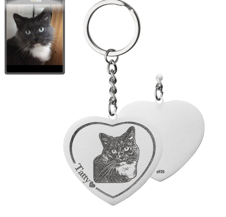 Cat memorial heart photo keychain in 925 sterling silver — personalized rainbow bridge sympathy gift