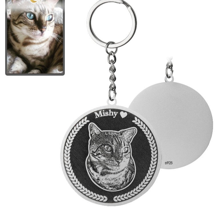 Cat memorial medallion photo keychain in 925 sterling silver — personalized cat memorial gift