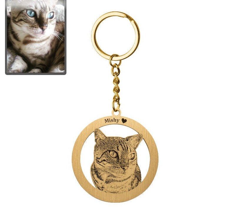 Cat silhouette halo memorial photo keychain in titanium gold — personalized cat memorial gift