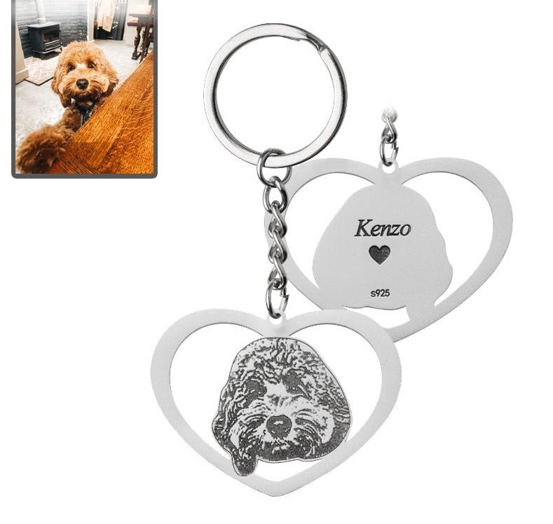 Dog halo heart memorial photo keychain in 925 sterling silver — personalized dog memorial gift