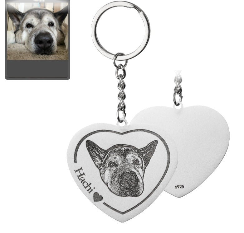 Dog memorial heart photo keychain in 925 sterling silver — personalized rainbow bridge sympathy gift