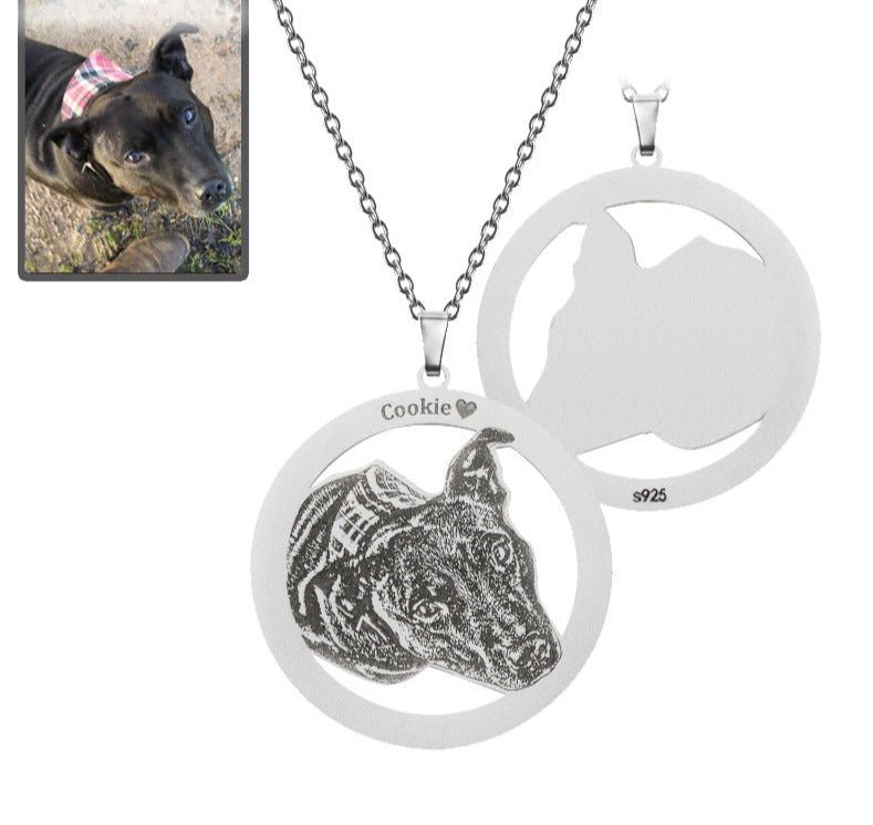 Dog silhouette halo memorial photo necklace in 925 sterling silver — rainbow bridge sympathy gift