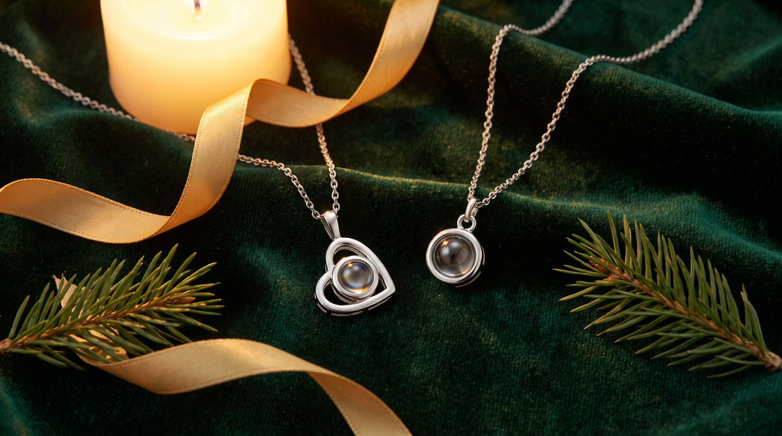 Christmas jewelry gifts flat-lay with silver necklace and ornament on green velvet