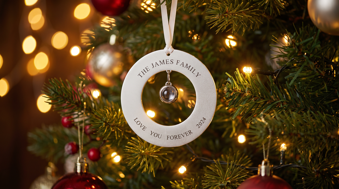 Custom photo ornaments hanging on a decorated Christmas tree