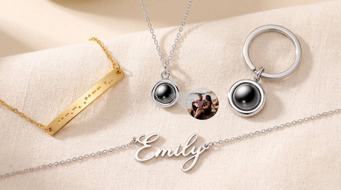Circle necklace, Morse code bracelet, photo keychain, and name necklace on linen