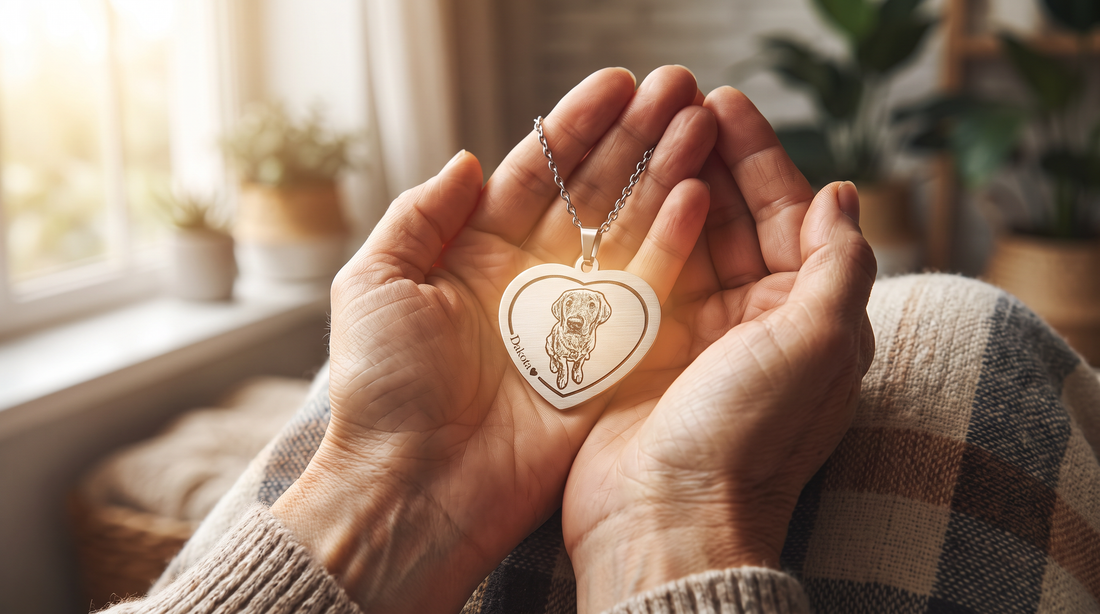 Dog Memorial Heart Photo Necklace in stainless steel held gently in cupped hands in soft natural light