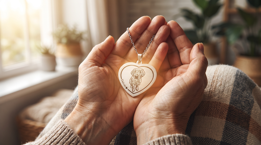 Dog Memorial Heart Photo Necklace in stainless steel held gently in cupped hands in soft natural light