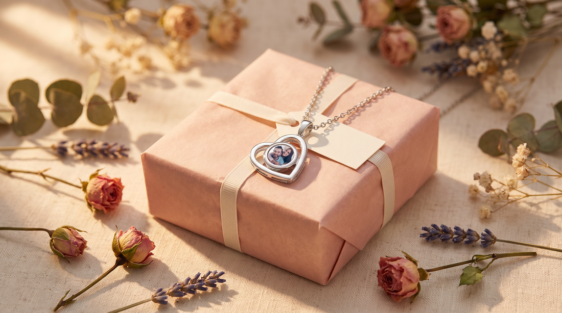 Personalized heart photo necklace flat-lay as a birthday gift for her