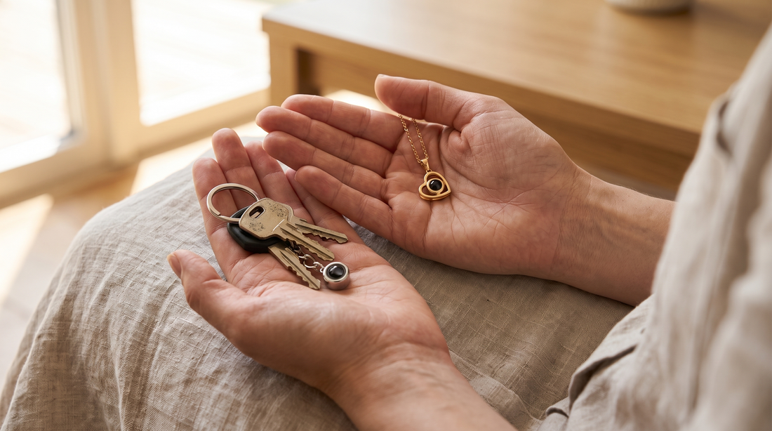 Open hands holding a heart pendant necklace and a circle photo keychain