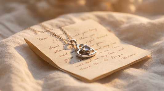 A woman holds a silver heart necklace with picture inside up to soft natural window light