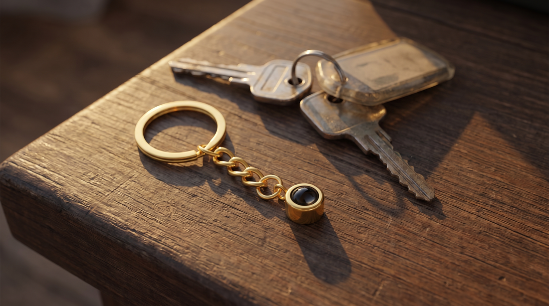 Circle photo keychain in silver resting on a dark wood desk beside a set of car keys