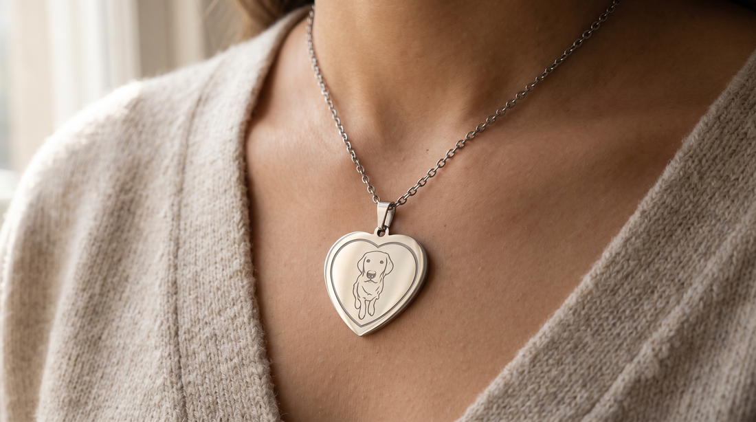 Heart-shaped steel pendant with an engraved dog silhouette worn at the collarbone