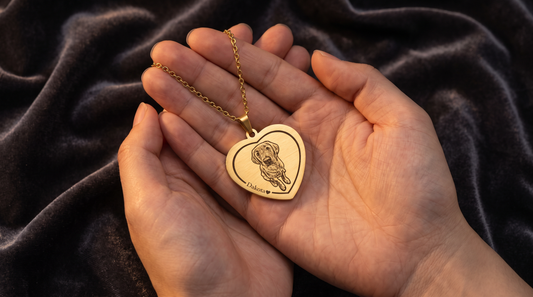 Dog Memorial Heart Photo Necklace in titanium gold held in hands against soft light