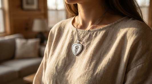 Pet memorial jewelry lifestyle hero image showing a woman wearing a dog memorial heart photo necklace