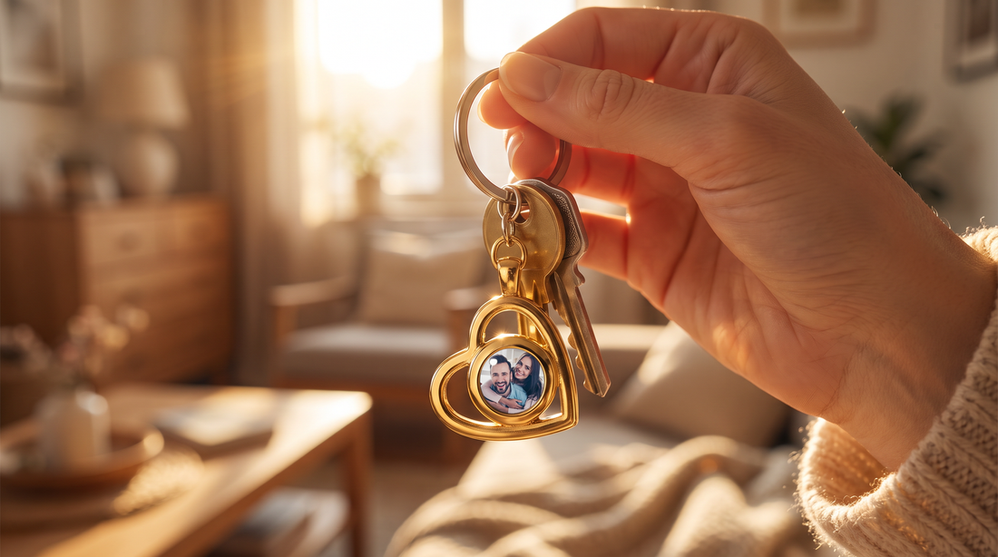 Gold Heart Photo Keychain with Picture Inside held in an open hand