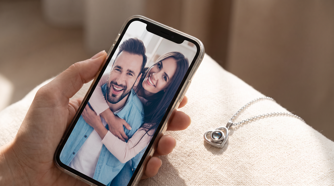 Photo projection necklace displayed with portrait photo examples showing the difference between good and poor image quality