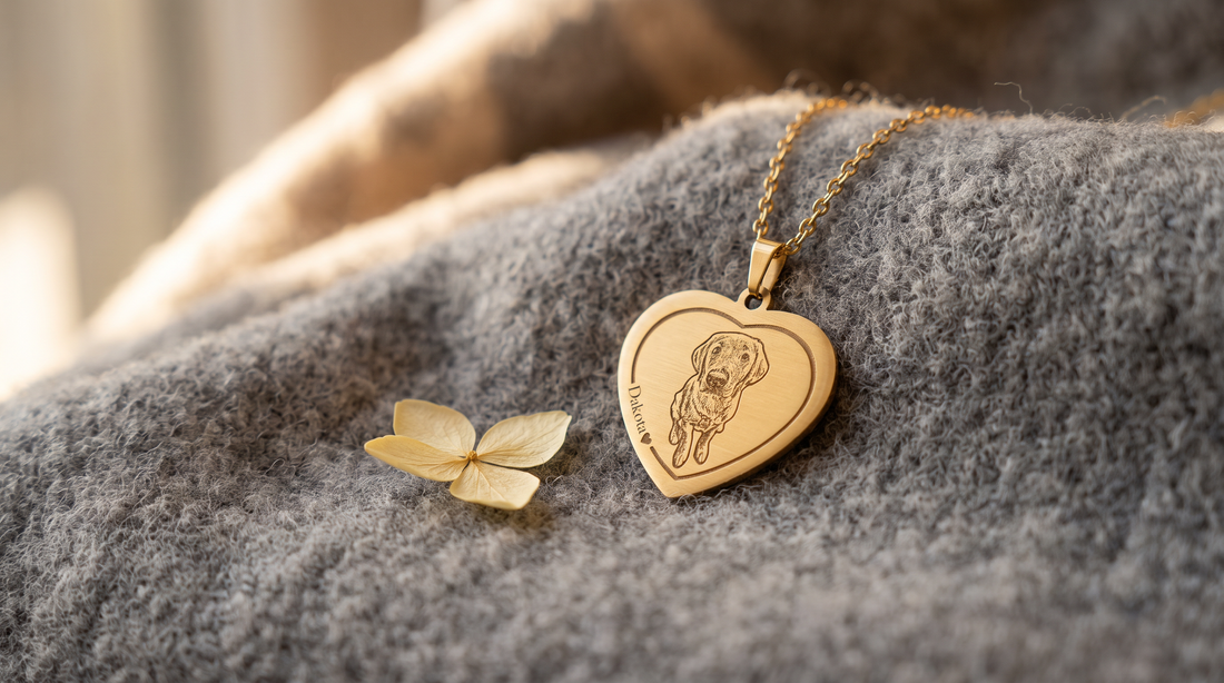 Dog Memorial Heart Photo Necklace in titanium gold resting on a soft grey surface