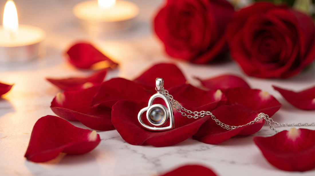 Valentine's Day jewelry flat-lay with silver heart necklace and rose petals
