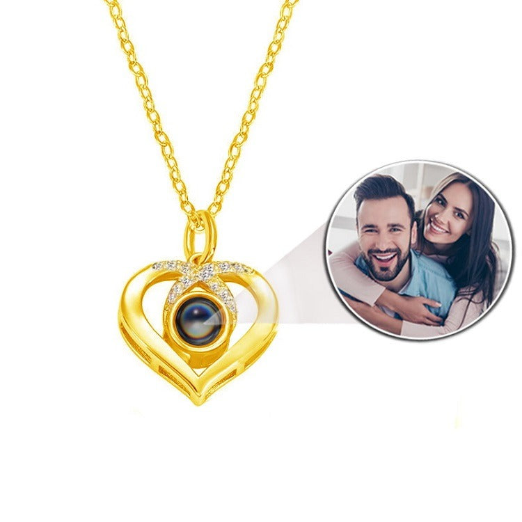 Heart & Cross Photo Projection Necklace in Gold finish