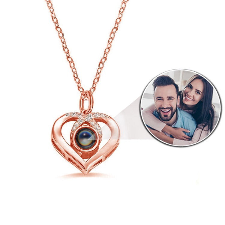 Heart & Cross Photo Projection Necklace in Rose Gold finish