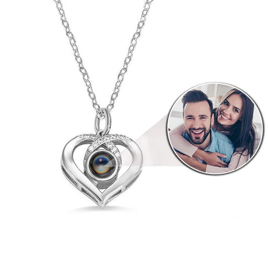 Heart & Cross Photo Projection Necklace in Silver finish