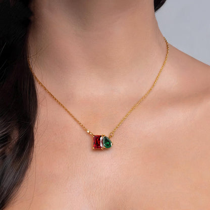 Duo birthstone necklace worn on neck close up