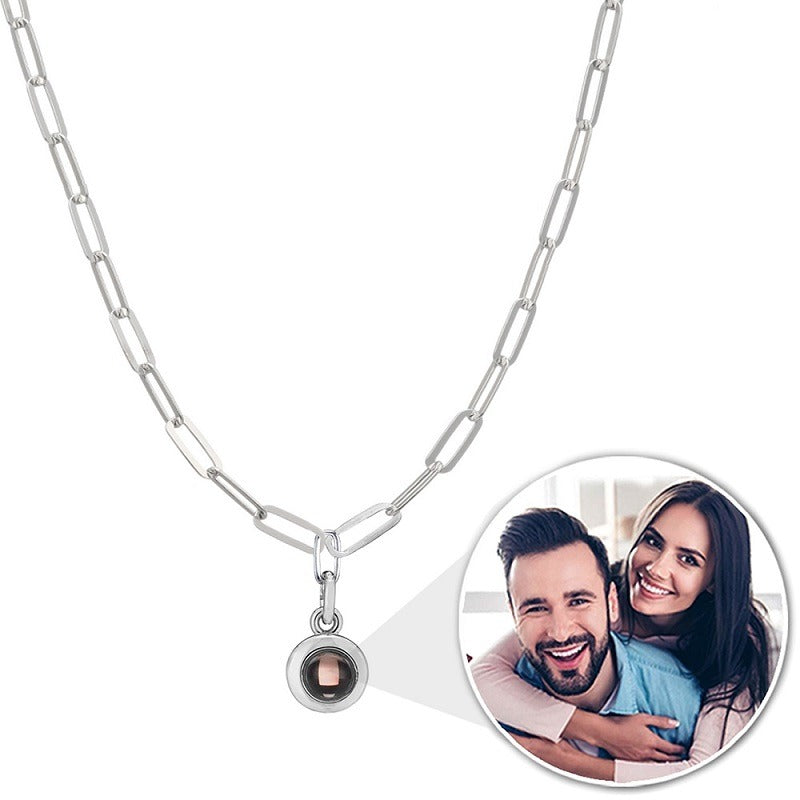 Chain Link Circle Photo Projection Necklace in Silver finish