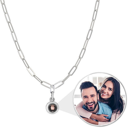 Chain Link Circle Photo Projection Necklace in Silver finish