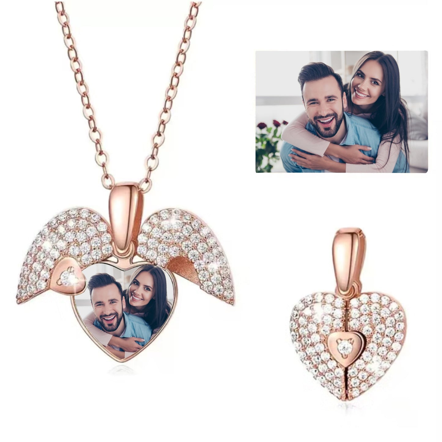 Crystal Heart Photo Locket Necklace pendant and chain, full view