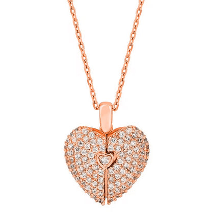 Crystal Heart Photo Locket Necklace in Rose Gold finish
