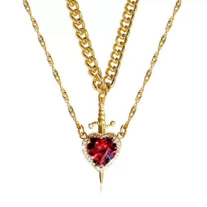 Heart & Sword Layered Necklace in Gold finish