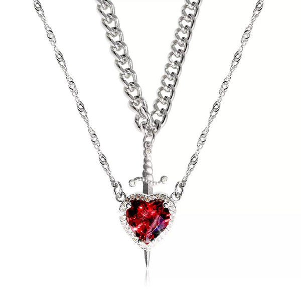 Heart & Sword Layered Necklace in Silver finish