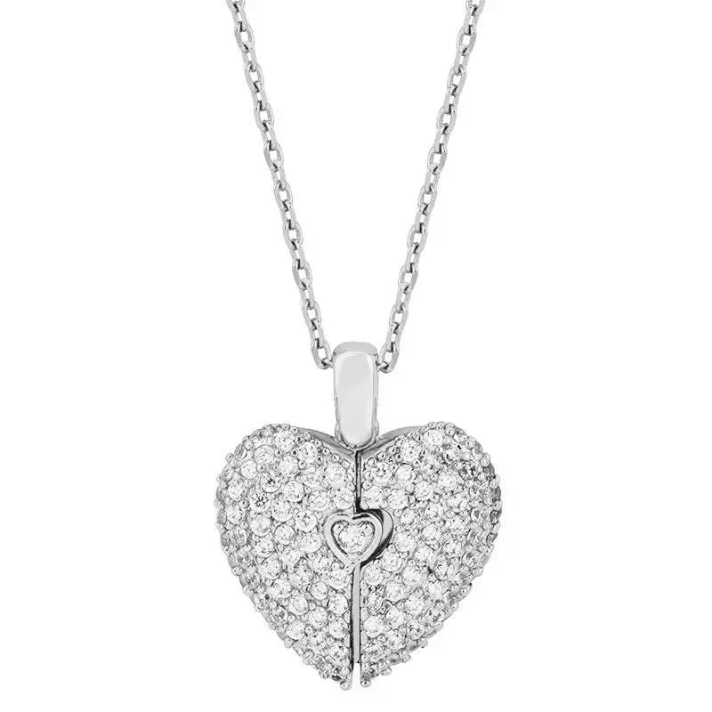 Crystal Heart Photo Locket Necklace in Silver finish
