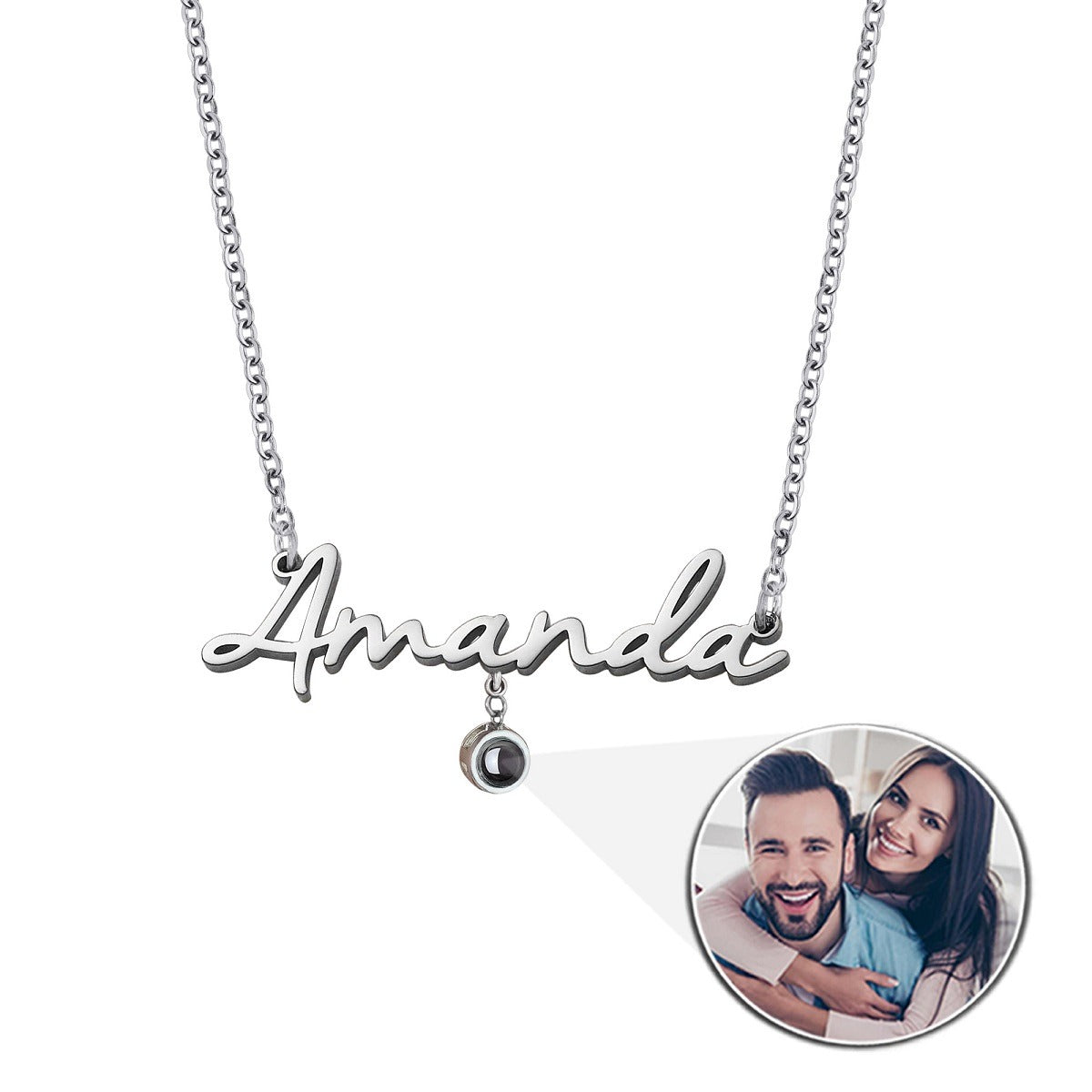 Name Necklace with Photo Charm in Silver finish