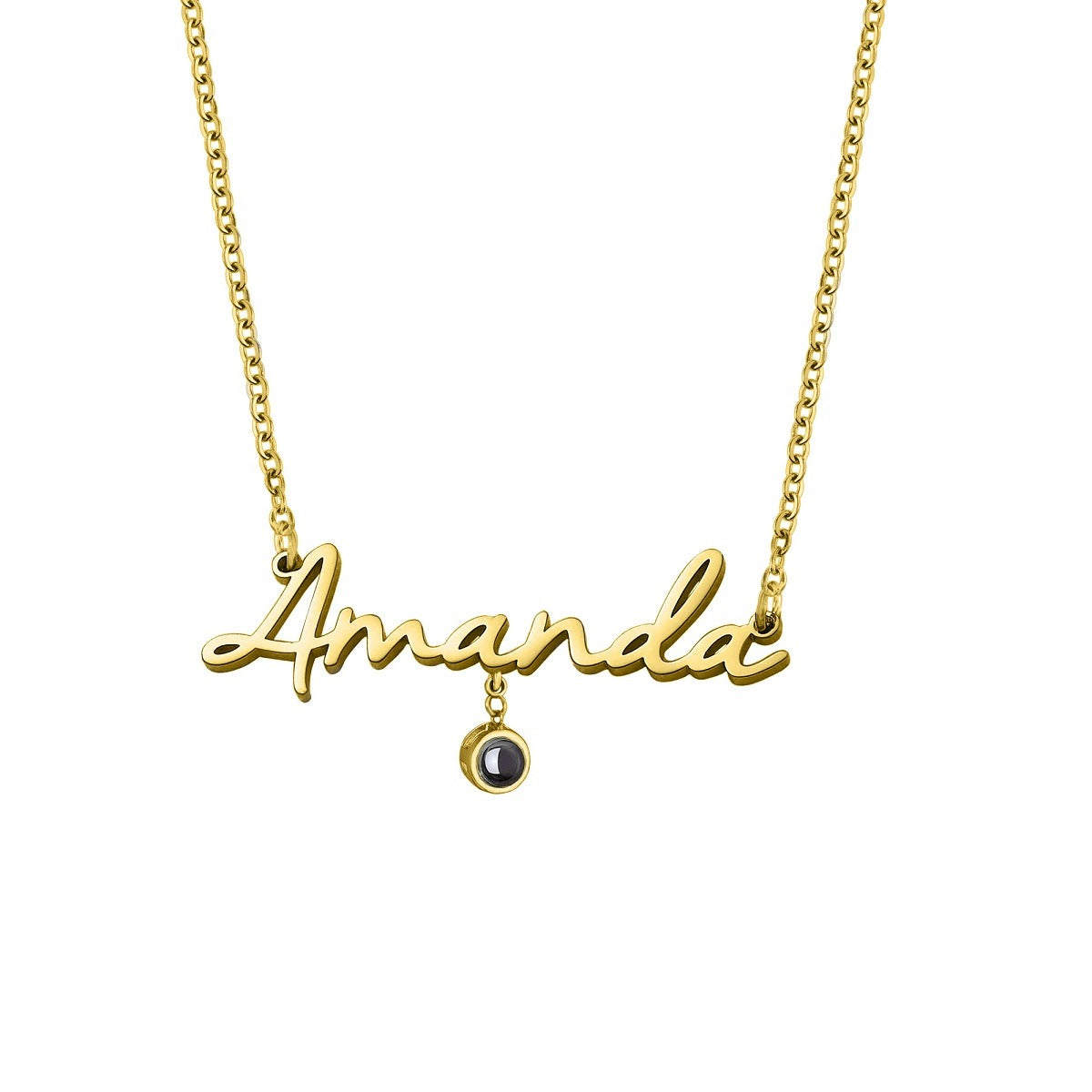 Name Necklace with Photo Charm in Gold finish