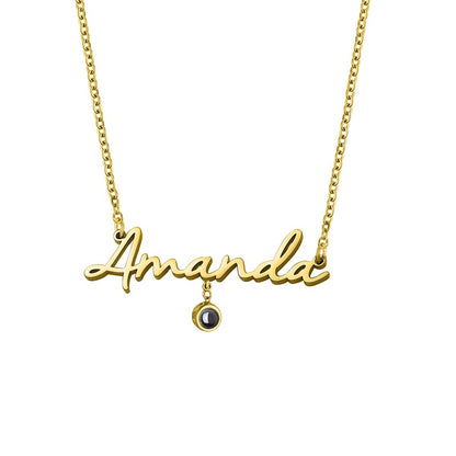 Name Necklace with Photo Charm in Gold finish