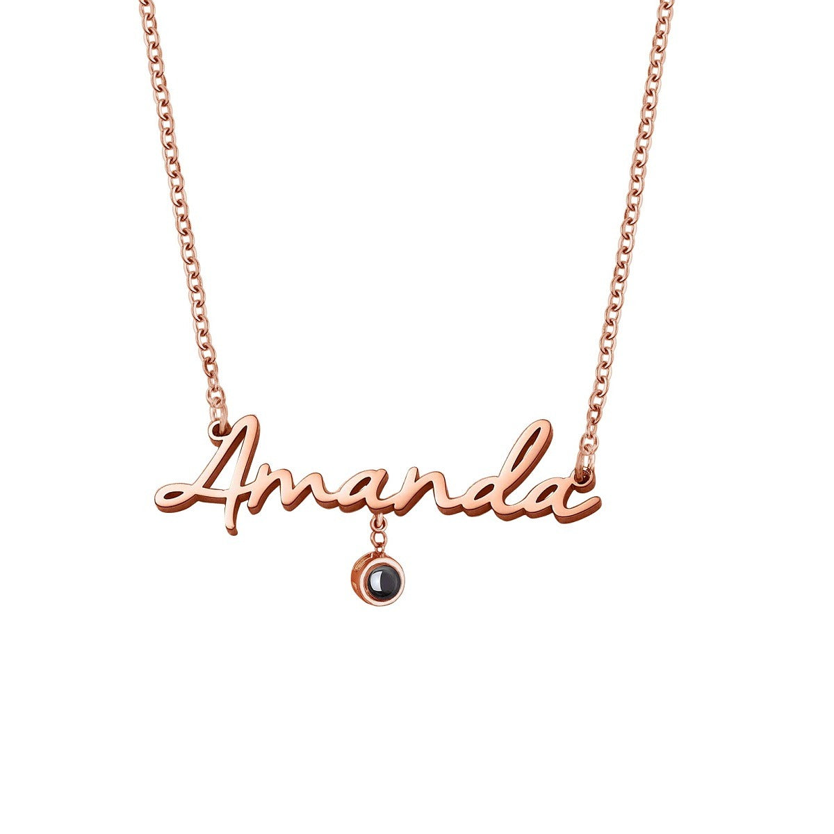 Name Necklace with Photo Charm in Rose Gold finish