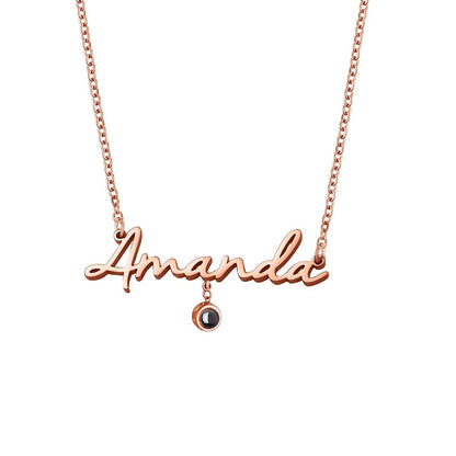 Name Necklace with Photo Charm in Rose Gold finish