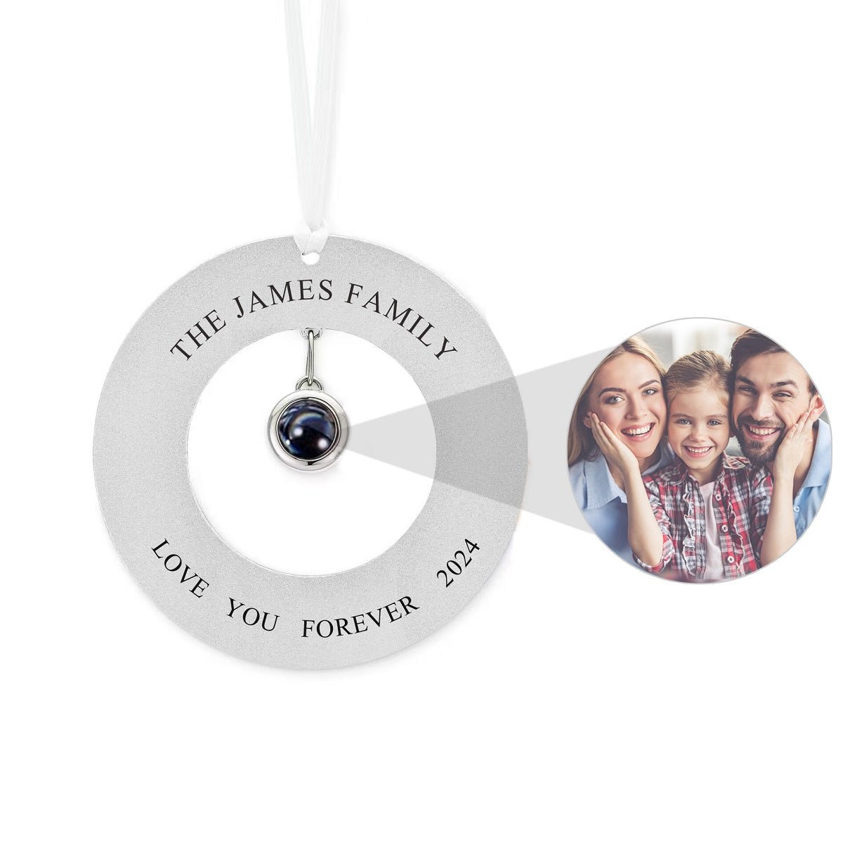 Circle photo ornament with picture inside in silver — personalized Christmas keepsake for wife and husband
