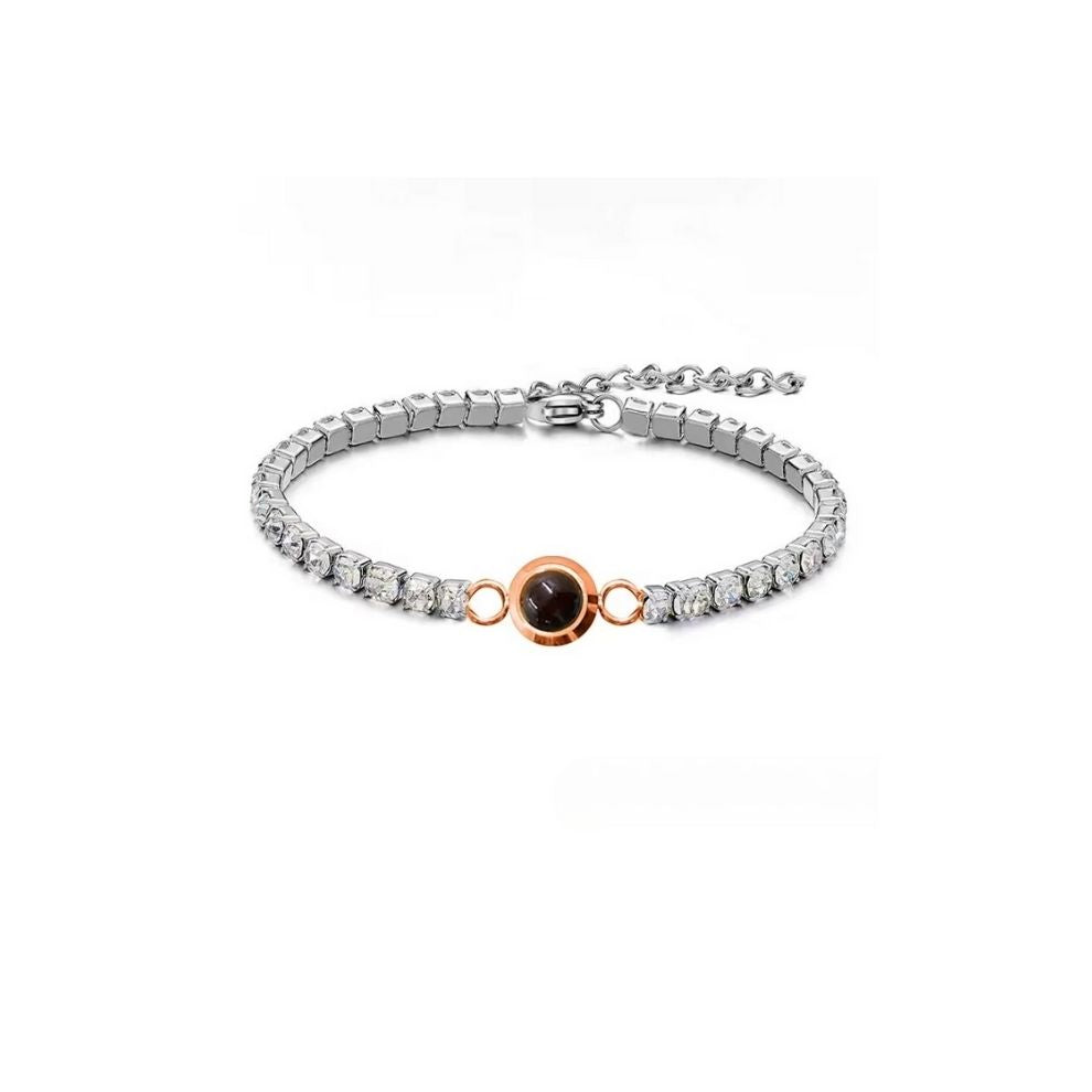 Custom photo tennis bracelet with picture inside in rose gold — custom photo keepsake for wife and girlfriend