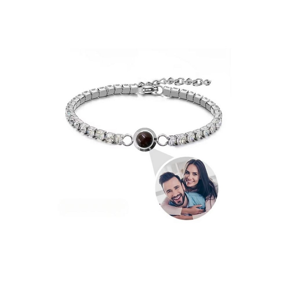 Custom photo tennis bracelet with picture inside in silver — elegant hidden photo keepsake for women