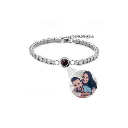Custom photo tennis bracelet with picture inside in silver — elegant hidden photo keepsake for women