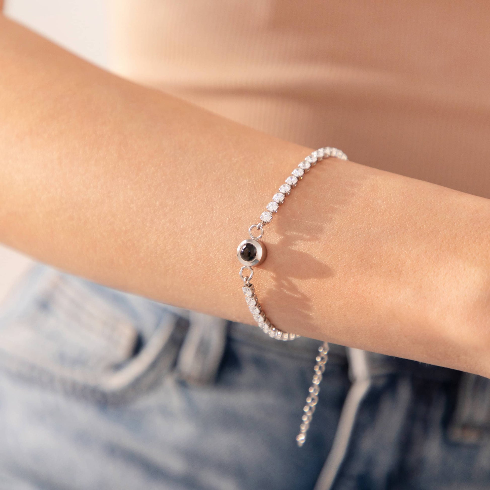 Custom photo tennis bracelet with picture inside — elegant fine jewelry keepsake gift for wife and girlfriend