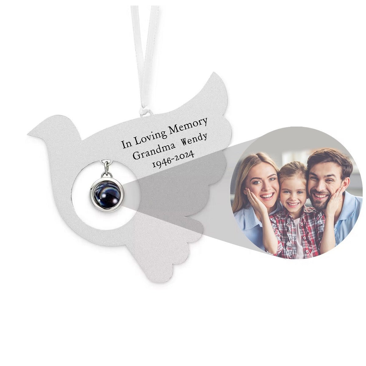 Dove photo ornament with picture inside in silver — in memory of keepsake Christmas gift for wife and husband