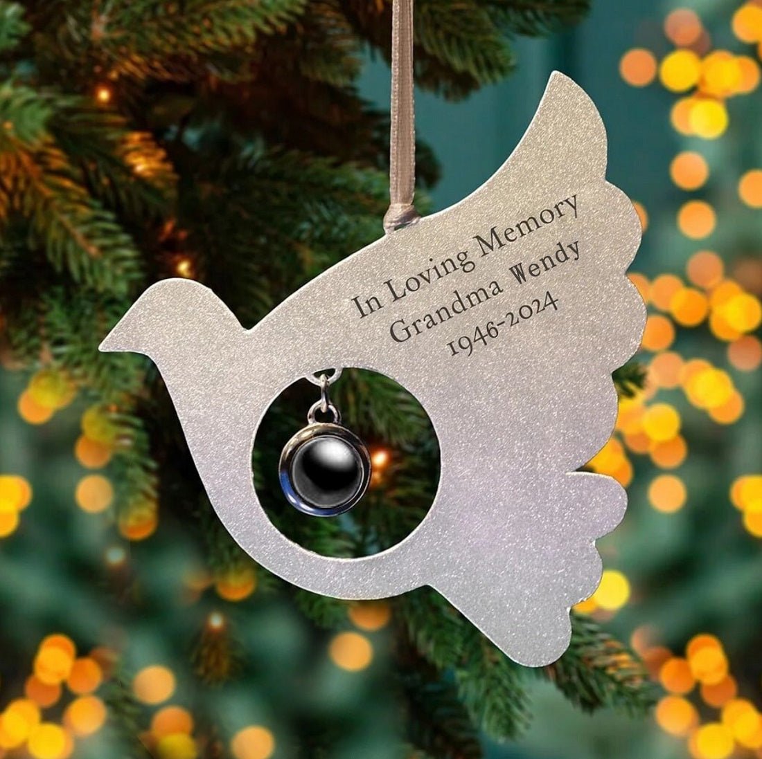 Dove photo ornament with picture inside — symbol of peace remembrance ornament for moms and grandparents