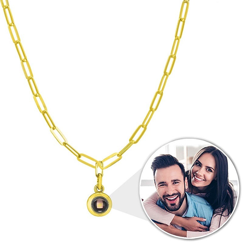 Chain Link Circle Photo Projection Necklace in Gold finish